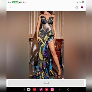 $289 NWT Mew Mews FIFI PATCHWORK SEQUIN FEATHER ASYMMETRIC MAXI DRESS Sz S